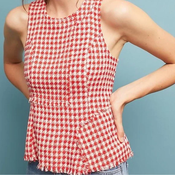 Maeve Red White Tweed Peplum Top Anthropologie - Picture 2 of 8